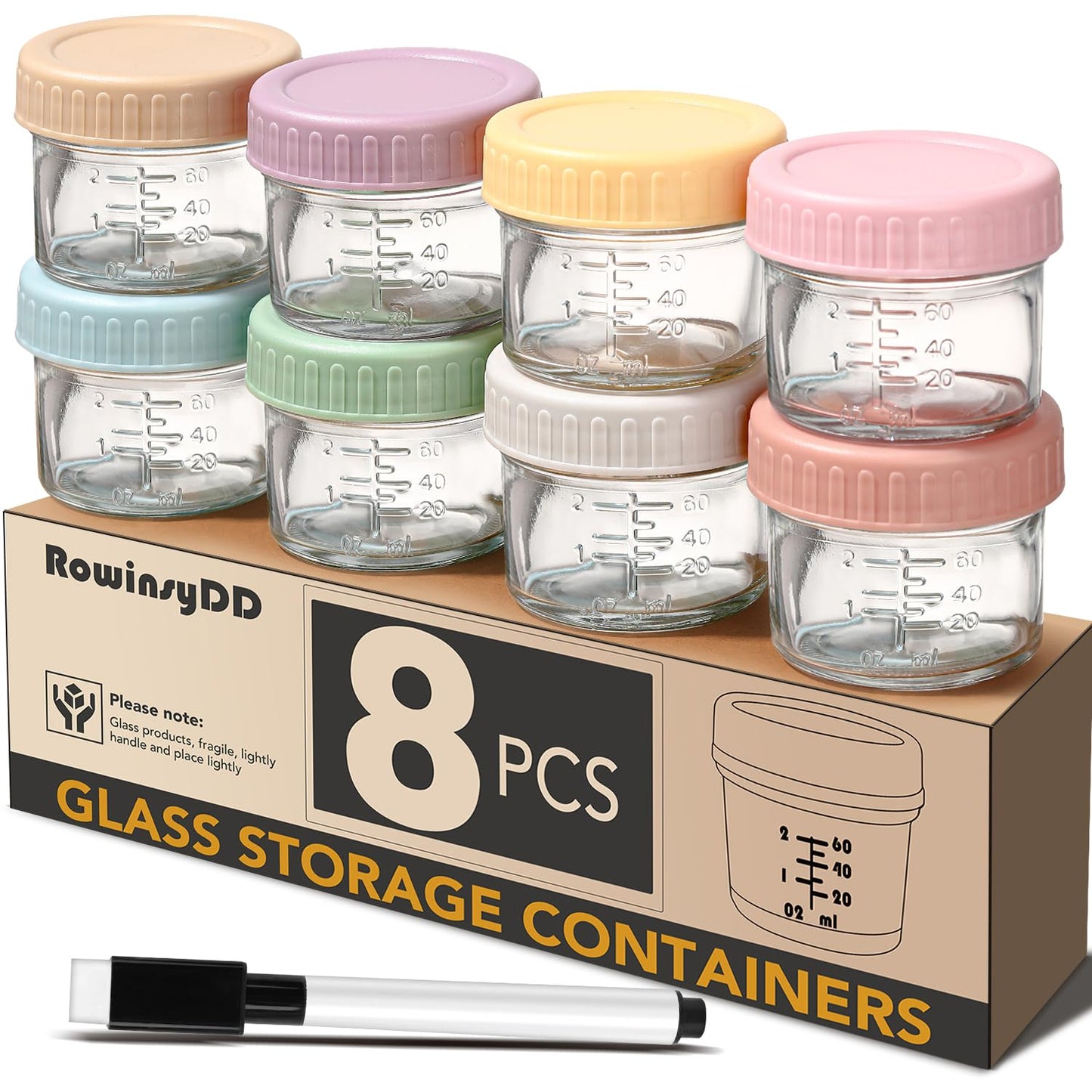 RowinsyDD 8 Pack Glass Baby Food Storage Containers, 4 oz Leakproof Baby Food Jars with Lids, Small Glass Food Containers for Infant Baby, Freezer Safe