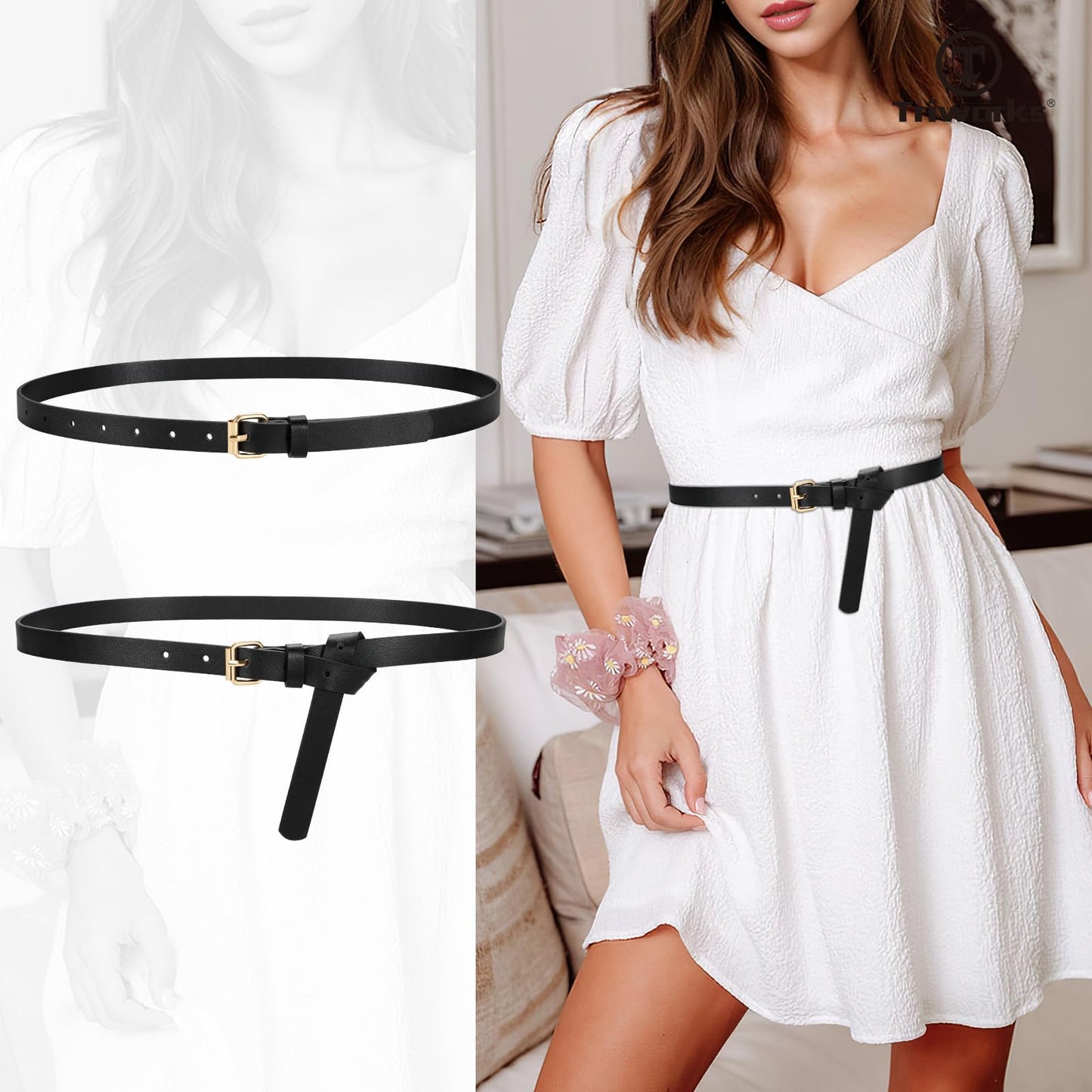 TRIWORKS 3 Pack Women Skinny Leather Belt for Jeans Pants Dress Ladies Thin Waist Belt with Gold Buckle