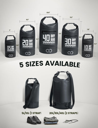 Lamicall Waterproof Dry Bag with Phone Pouch - 5L/10L/20L/30L/40L Floating Roll Top Backpack for Kayaking Boating Beach Camping Fishing - Heavy Duty 500D PVC Marine Dry Sack for Men, Women, Black 10L