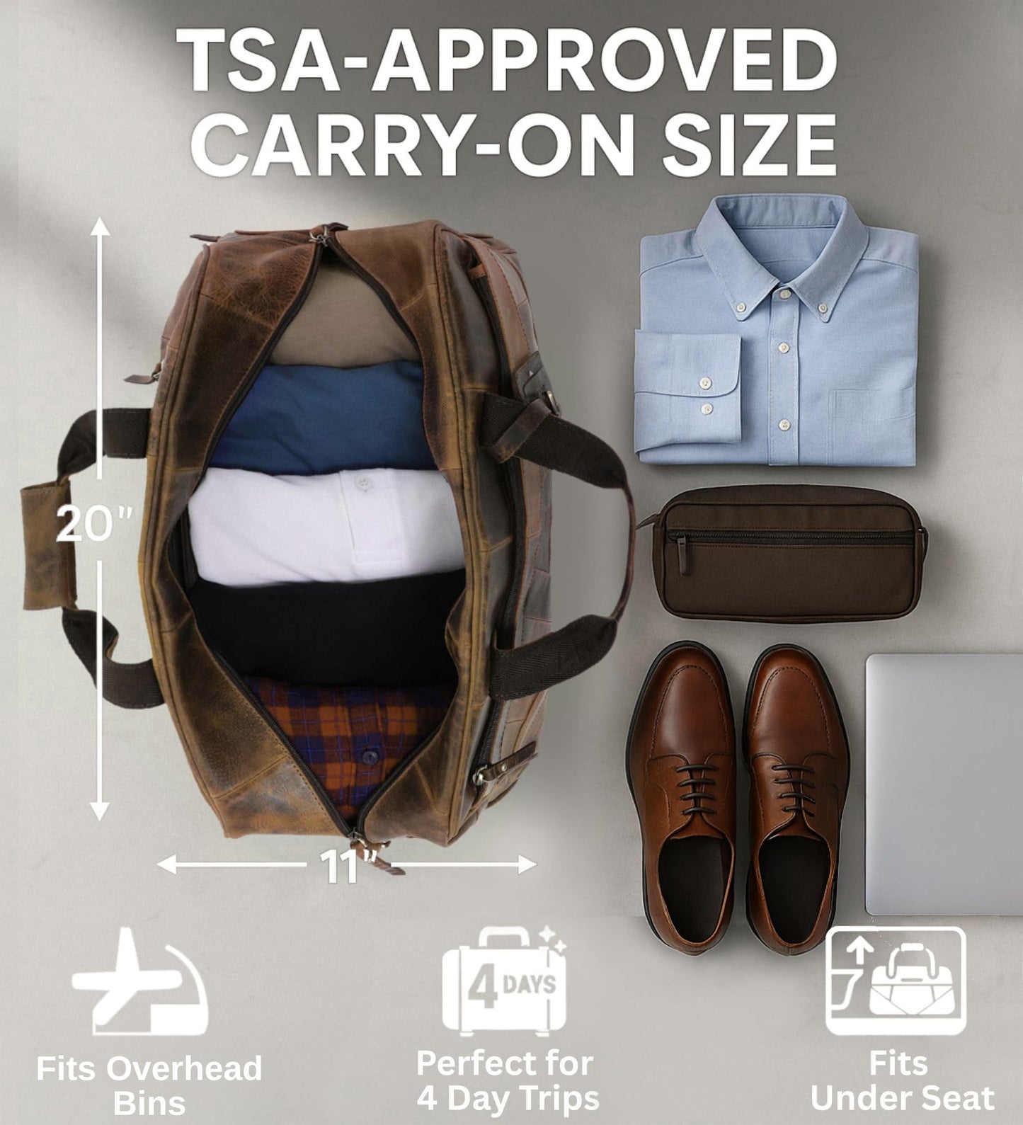 Leather Duffle Bags for Men - Handmade Full Grain Leather Weekender Bag with 2 Shoe Compartment, Underseat Carry On Travel Luggage