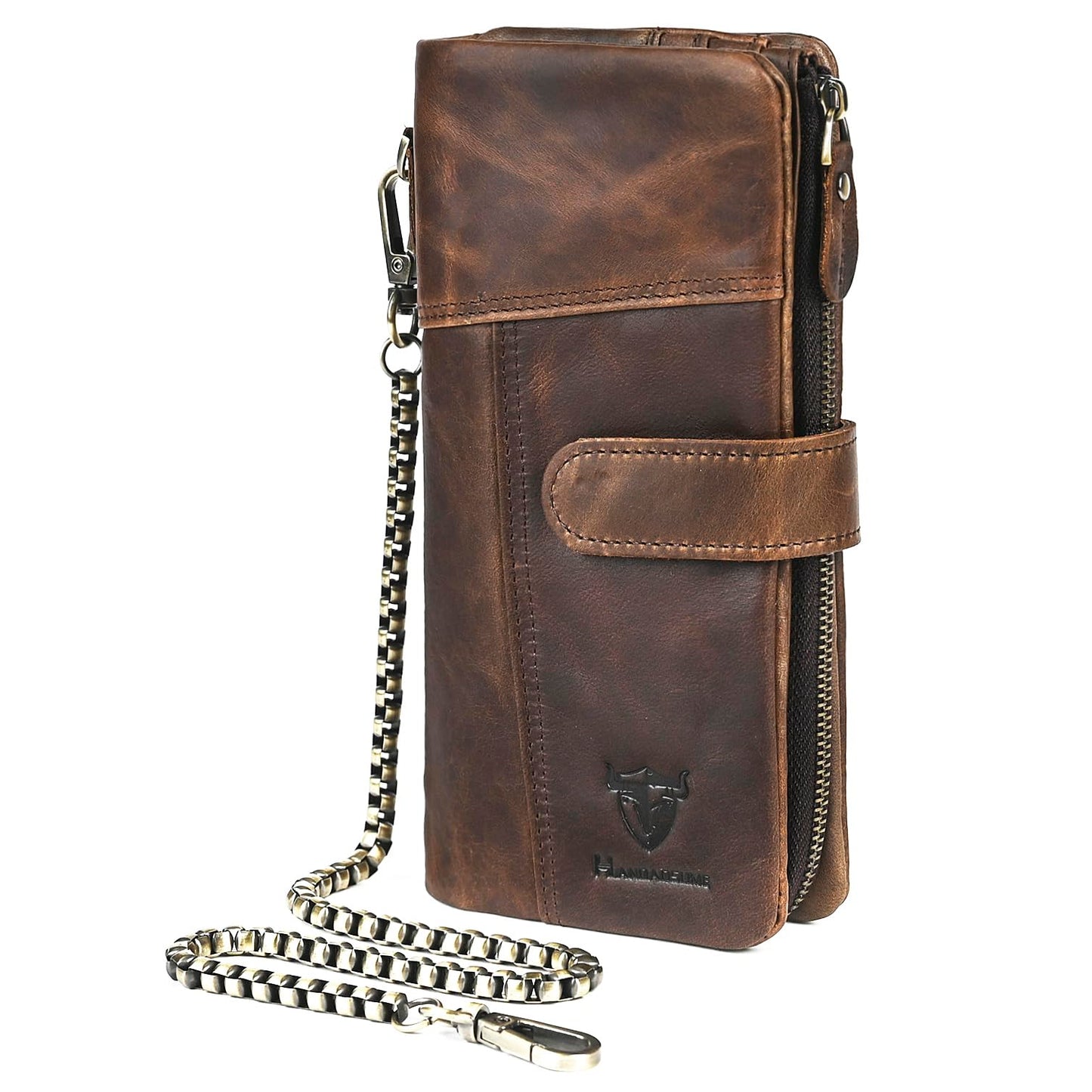 Handadsume Genuine Crazy Horse Leather Travel Gift Coin Pocket Card Case Long Organizer Chain Rfid Wallet Purse With Snap For Men Male 1803 1815 (1803 Light Brown)