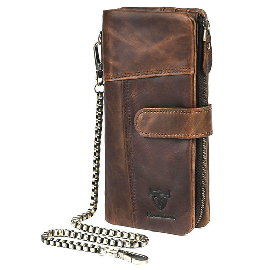 Handadsume Genuine Crazy Horse Leather Travel Gift Coin Pocket Card Case Long Organizer Chain Rfid Wallet Purse With Snap For Men Male 1803 1815 (1803 Light Brown)