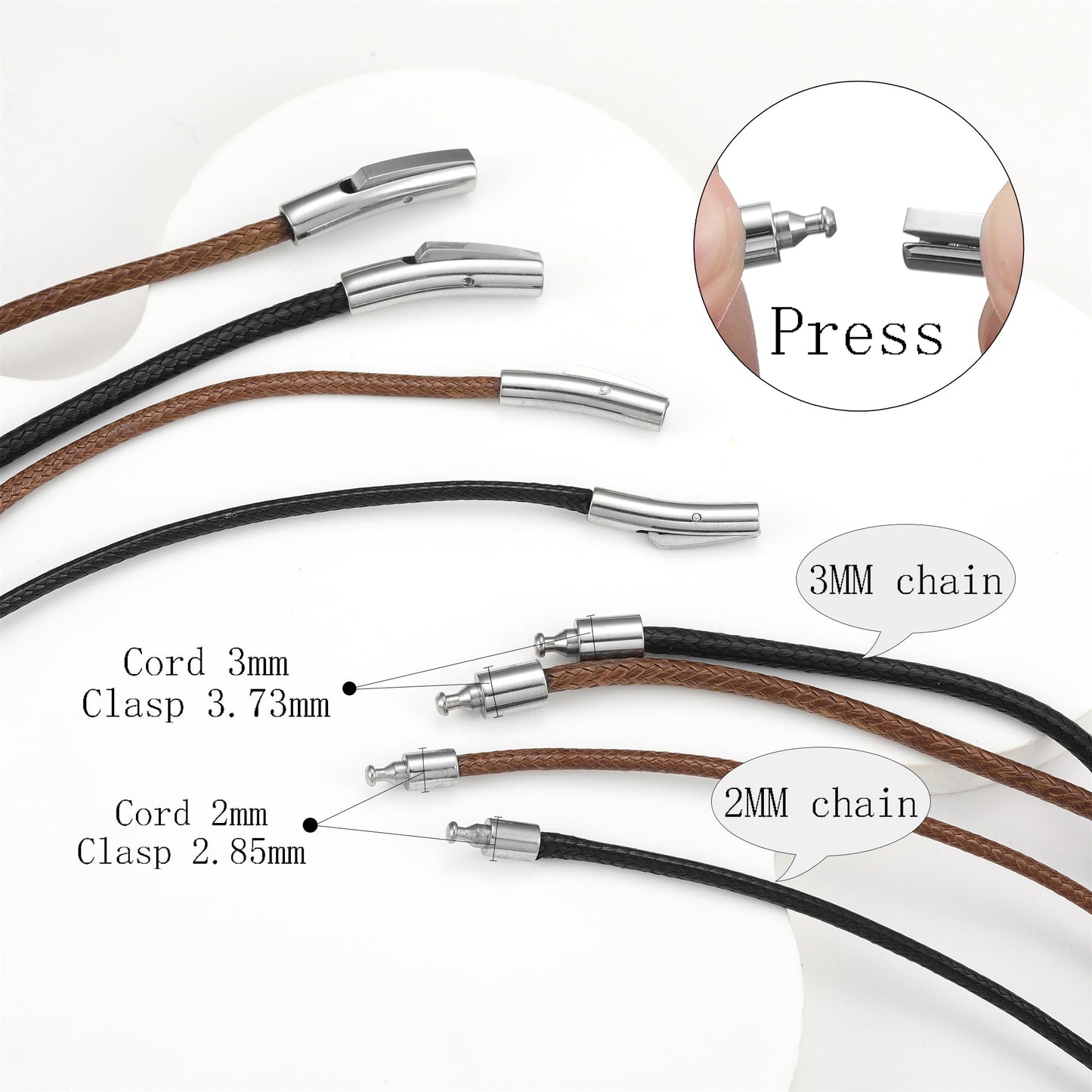 SKQIR 2mm Black Waterproof Braided Leather Cord Necklace with Durable Stainless Steel Snap Clasp Men Women Woven Wax String Rope Chain for DIY Pendant Length 22"