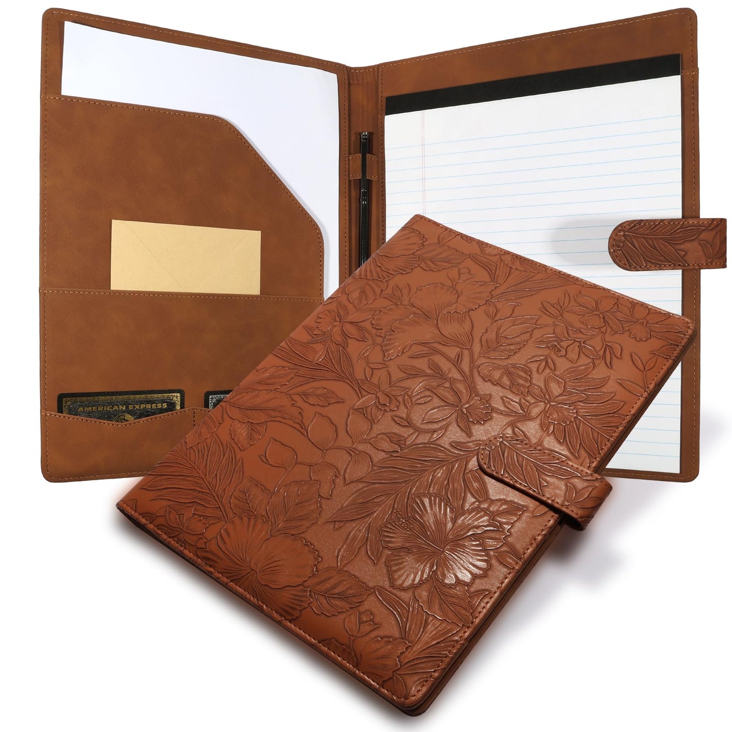 Professional Padfolio Portfolio Binder, Textured Embossing Faux Leather Folder Organizer for Letter Size Legal Pad Notepad Resume, Card Holder for Women Men Business Office Conference (Brown)