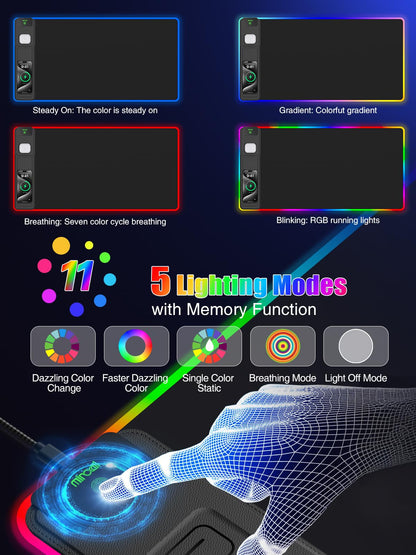Mouse Pad with Wireless Charging, Large Desk Mat RGB Gaming Mousepad, 10 Light Colors LED Gaming Pad Keyboard Pad with Ultra-Smooth Surface & Non-Slip Rubber Base, Waterproof Full Desk Mouse Pad