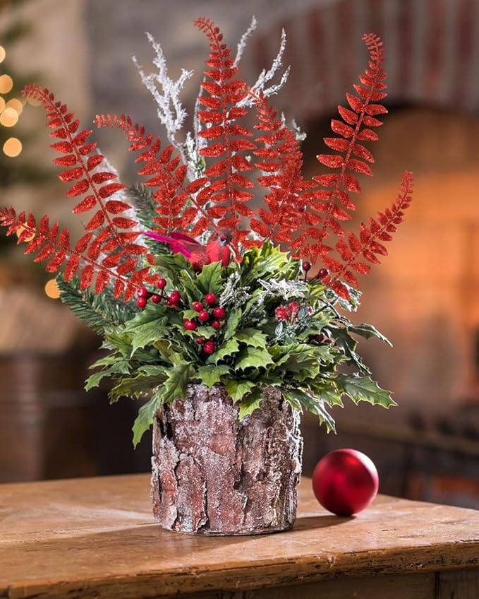DILATATA 6Pcs Christmas Glitter Leaves Boston Fern Leaves 25" Artificial Red Fern Leaf Picks Sprays Giltter Stems for Christmas Tree DIY Xmas Wreath Garland Home Decor - Red