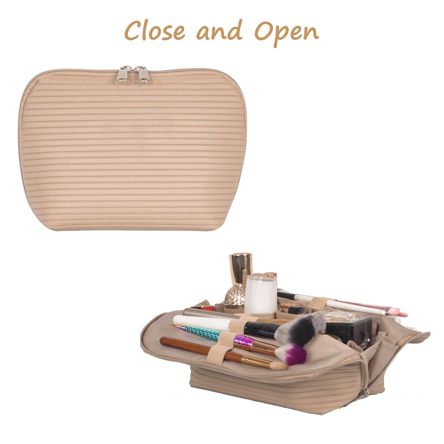 Tense Edano Travel Makeup Bag for Women, Waterproof Stand Up Cosmetic Bag with Brush Holders, Organizer Bag with Compartments, Fold-Down Design for Skincare, Toiletries & Essentials (Camel, Medium)