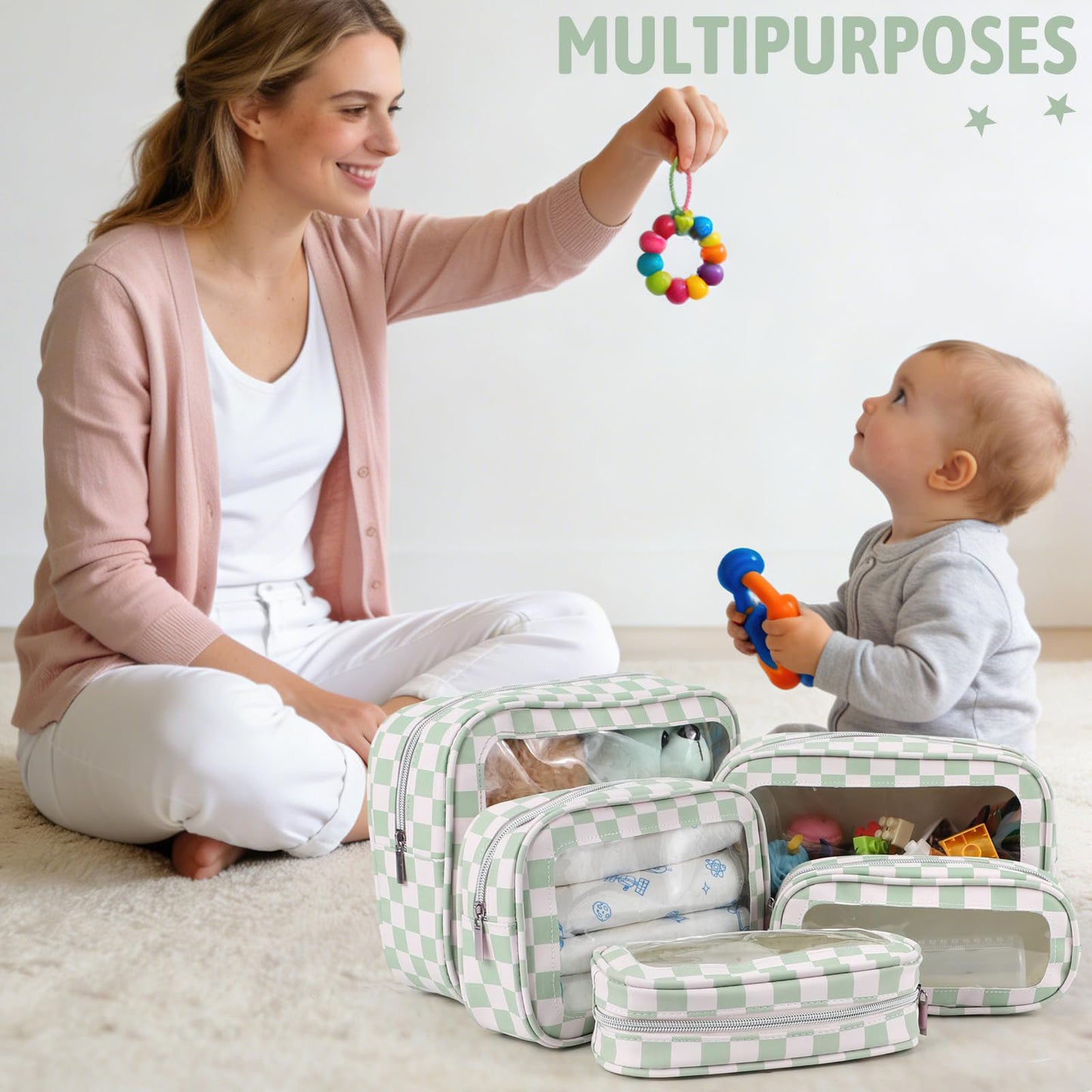 5PCS Diaper Bag Organizer Pouch Set,TSA Approved Toiletry Bag, Waterproof TPU Makeup Bag Set, Travel Organizer Bags for Women and Kids，Mothers Day Gifts