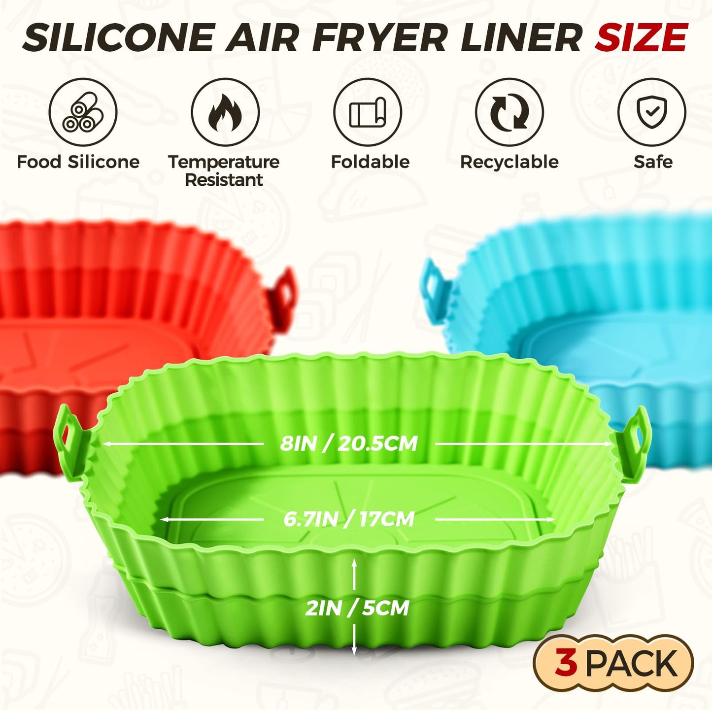 Buauty 3 Pack Air Fryer Silicone Liners 8inch Air Fryer Silicone Pot Reusable Food Grade Silicone Airfryer Liners Baking Basket Accessories Replacement of Flammable Disposable Parchment Paper
