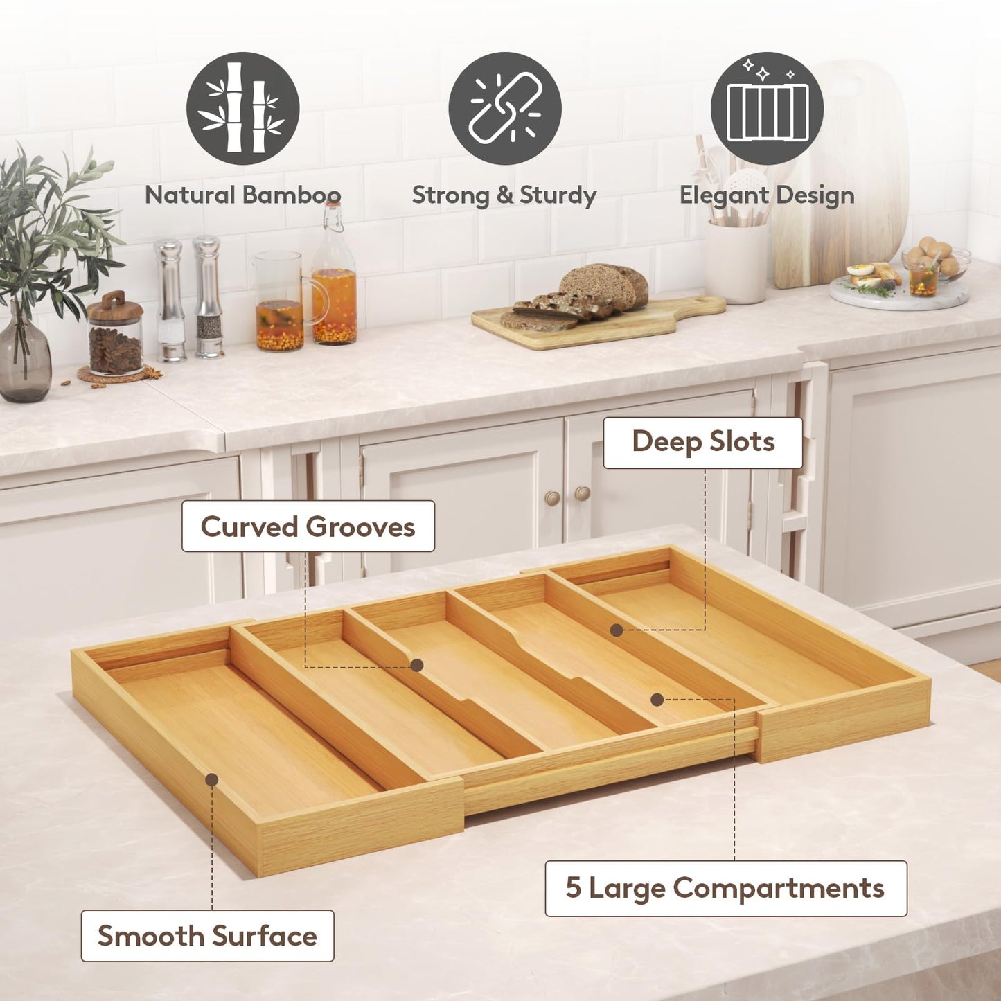 Lifewit Utensil Organizer for Kitchen Drawer, Expandable 13 to 22.4 Inches Wide, Adjustable Cooking Silverware Tray, Bamboo Cutlery Flatware Holder, Spatula Tools and Gadgets Storage Divider, Natural
