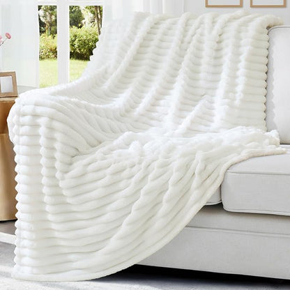 decorUhome Soft Fleece White Twin Blanket for Bed, Cozy Fluffy Plush Flannel Striped Throws for Couch Sofa, Lightweight Decorative Ribbed Fuzzy Blanket for Woman, 60x80 Inches