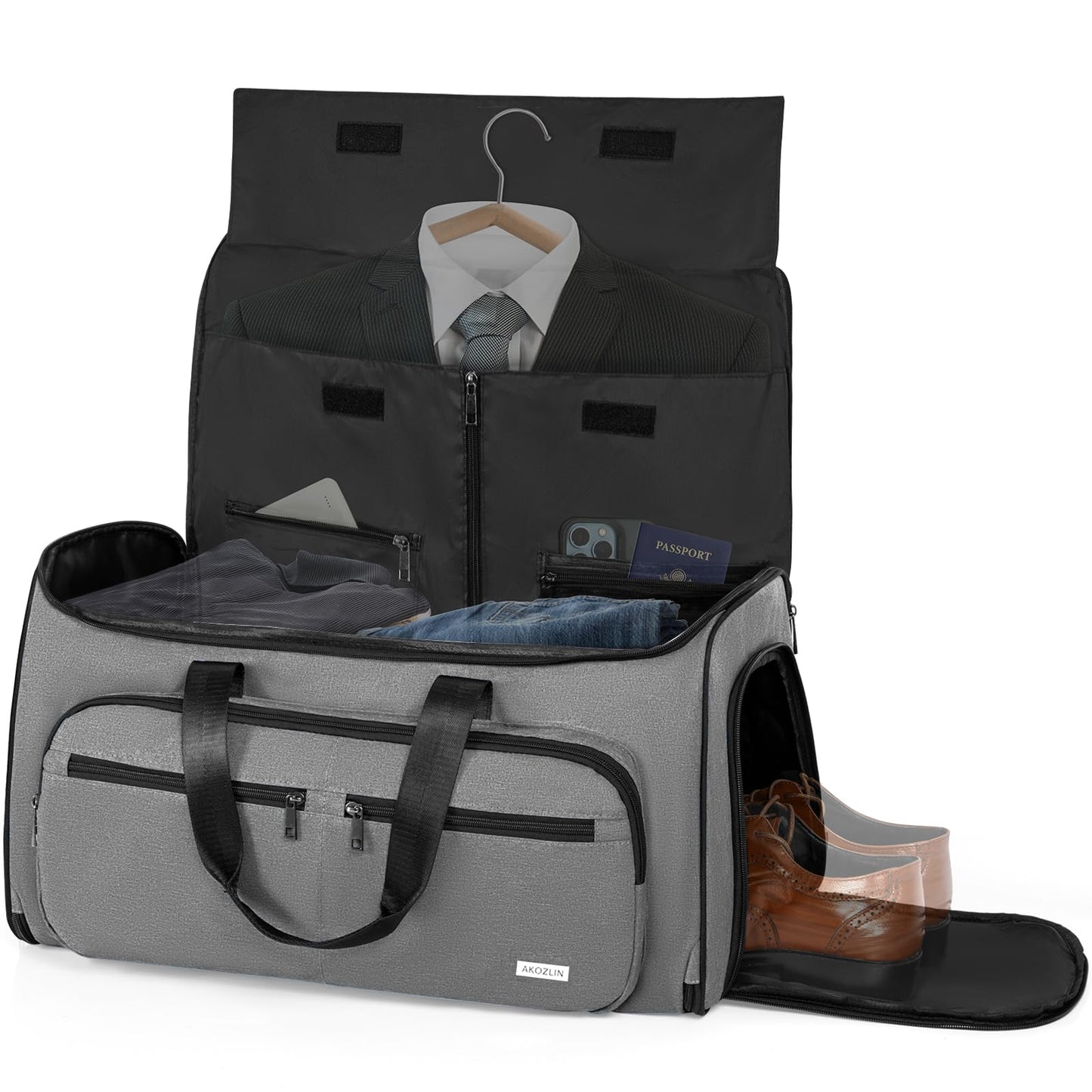 AKOZLIN Convertible Garment Bag for Travel 3 in 1 Carry On Garment Duffle Bag with Shoes Compartment Hanging Suitcase Suit Travel Storage Bags For Men Women Grey