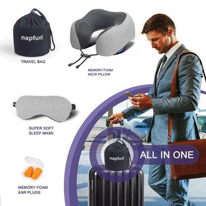 napfun Neck Pillow for Traveling, Upgraded Travel Neck Pillow for Airplane 100% Pure Memory Foam Travel Pillow for Flight Headrest Sleep, Portable Plane Accessories, Light Grey