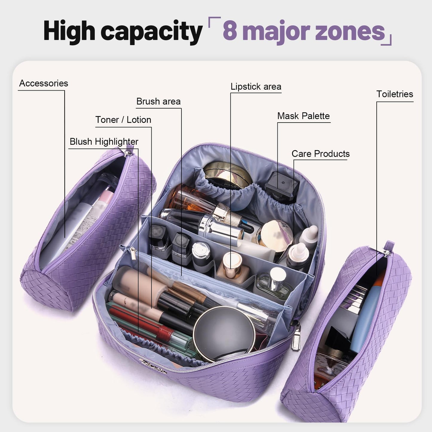 BOYATU Travel Makeup Bag Cosmetic Bags for Women: Large Capacity 3 Pcs Set Make up Bag with Compartments - Waterproof Vegan Leather Toiletry Organizer Bags with Handle (L01 Purple)