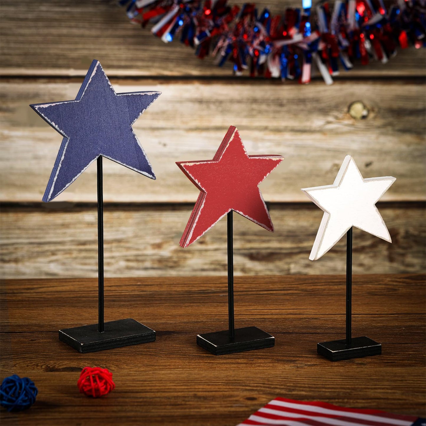 DoubleFill 3 Pcs 4th of July Patriotic Star Decorations 250th Anniversary Memorial Day Table Decoration Red Blue White Star Sign Standing Independence Day Tabletop Centerpieces for Home Office Decor