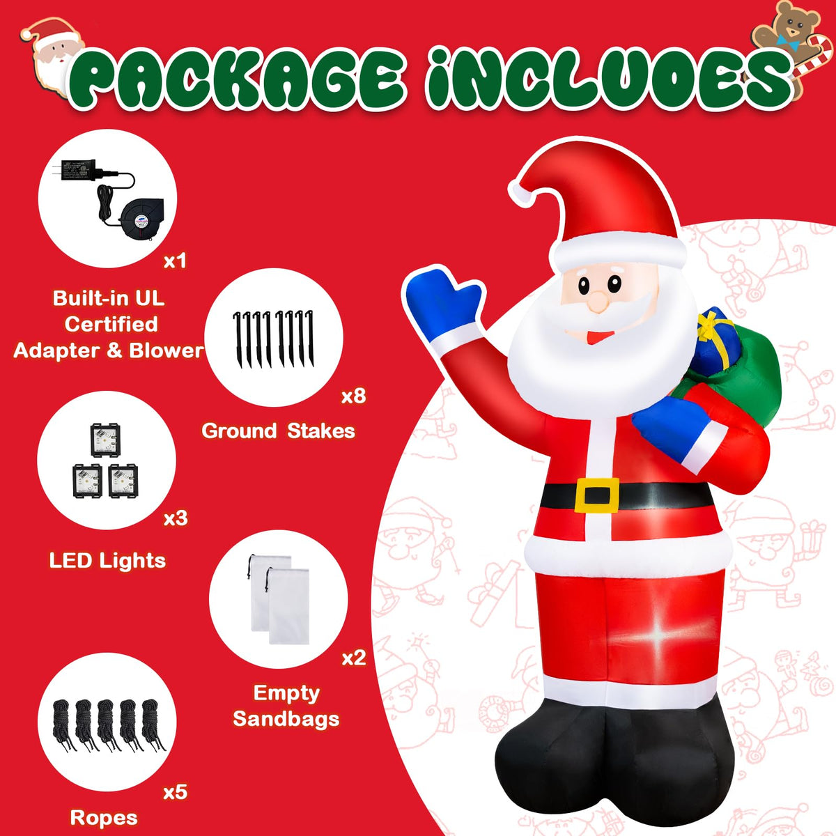 B&D 8FT Christmas Inflatables Santa Claus Outdoor Decorations, Christmas Blow Up Santa Yard Decorations Built-in LED Lights Inflatable Christmas Decorations for Holiday Xmas Party Garden Patio Lawn