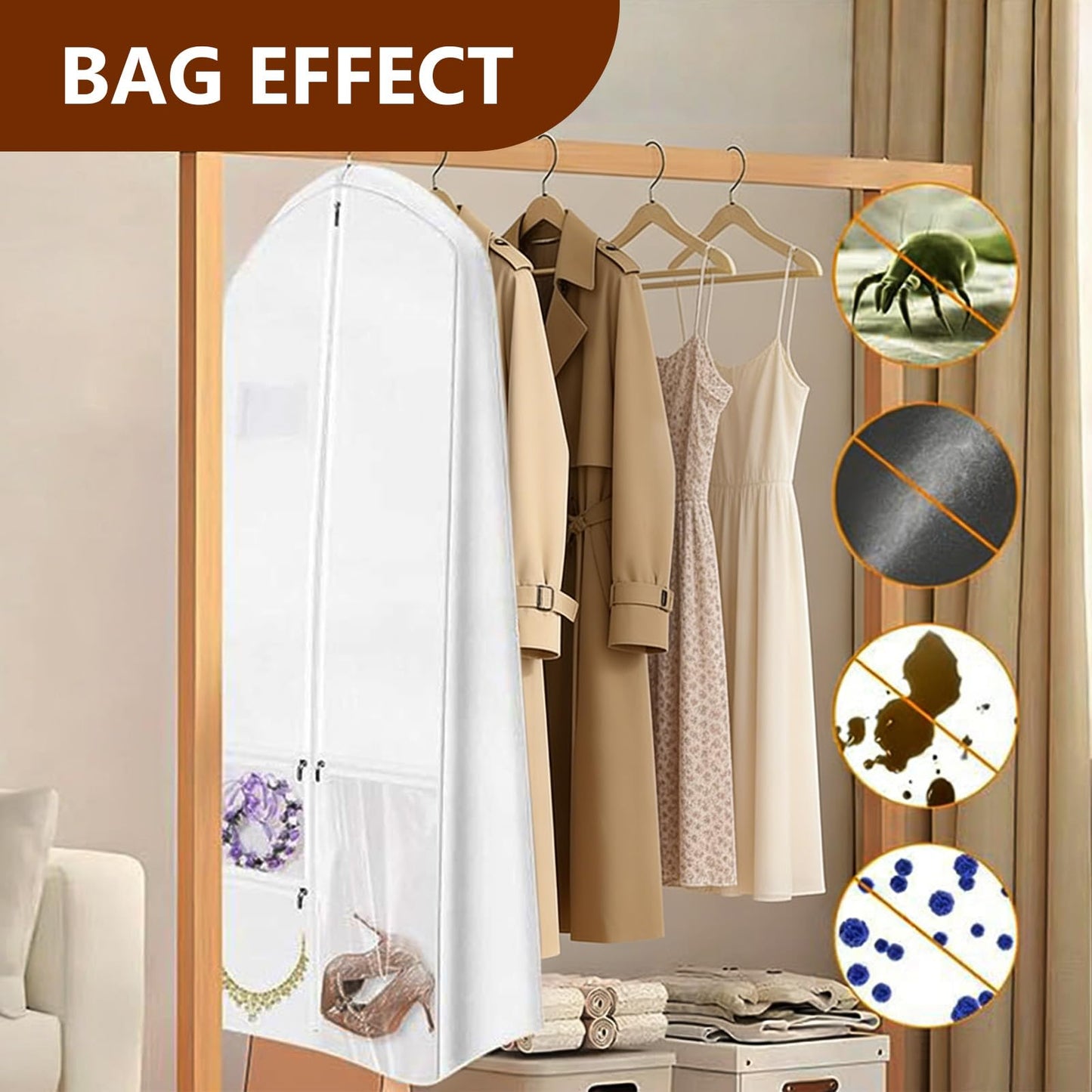 Dress Garment Bags, Long Garment Bags for Travel, 70’’ Wedding Dress Cover with Handle, Foldable Clothing Bag with Pockets and Zippers, White, 180 cm