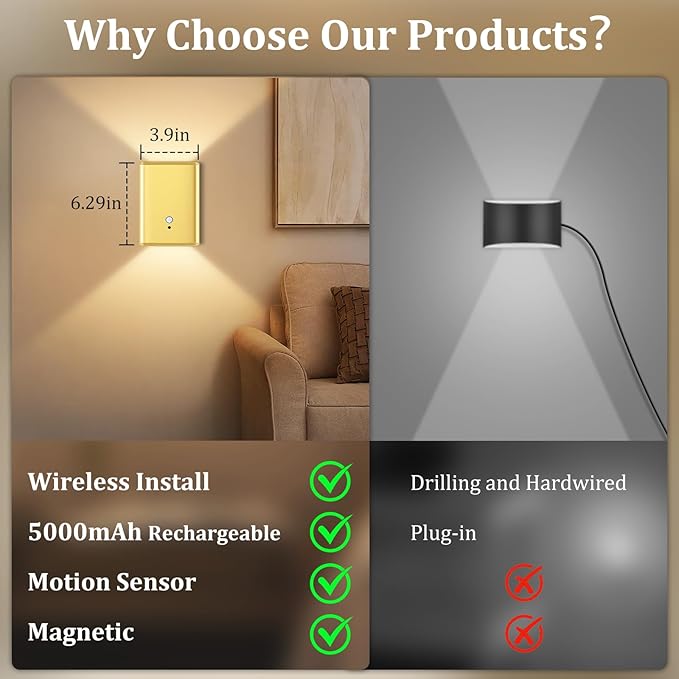 Battery Operated Wall Sconce Light: 5000mAh Rechargeable Motion Sensor Night Light 3 Colors Wireless Sconce Magnetic Closet Lights Motion Sensor Stair Light Indoor LED Wall Light for Bedroom Hallway