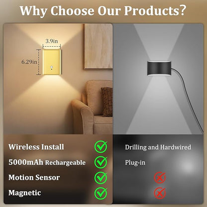 Battery Operated Wall Sconce Light: 5000mAh Rechargeable Motion Sensor Night Light 3 Colors Wireless Sconce Magnetic Closet Lights Motion Sensor Stair Light Indoor LED Wall Light for Bedroom Hallway