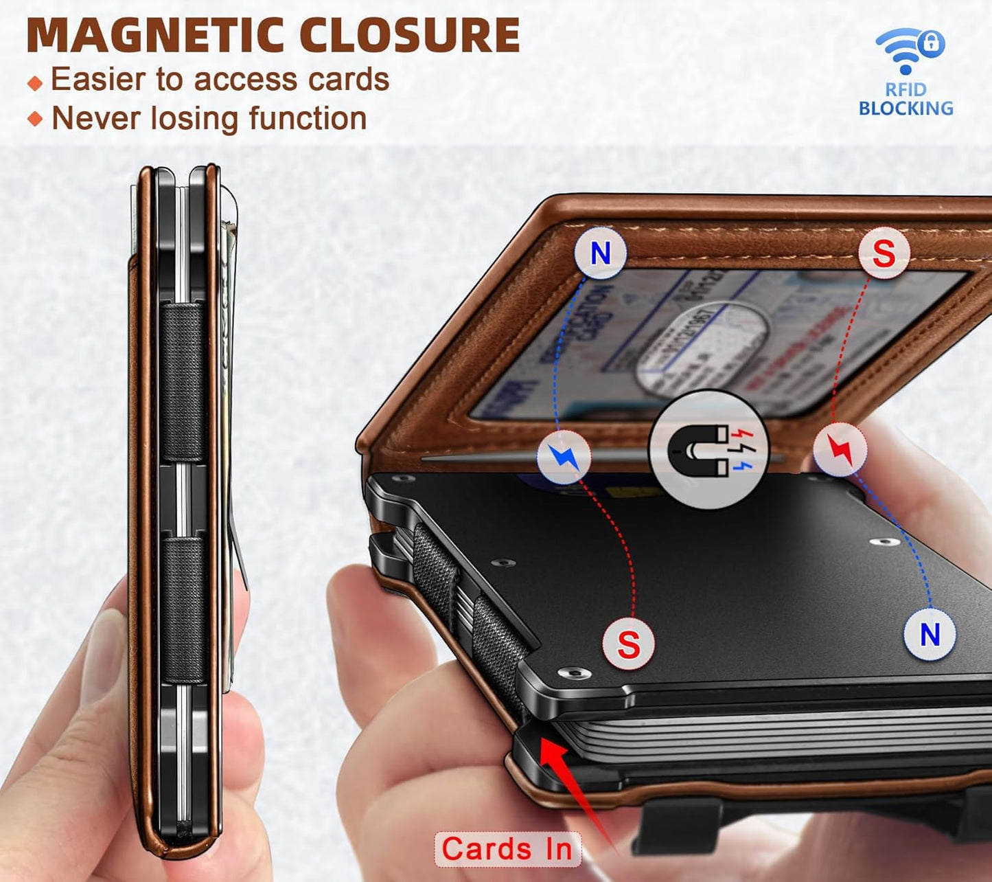 Men's Slim RFID Blocking Wallet Genuine Leather Front Pocket Design with Money Clip Holds 12 Cards Magnetic Flip Case (Brown)