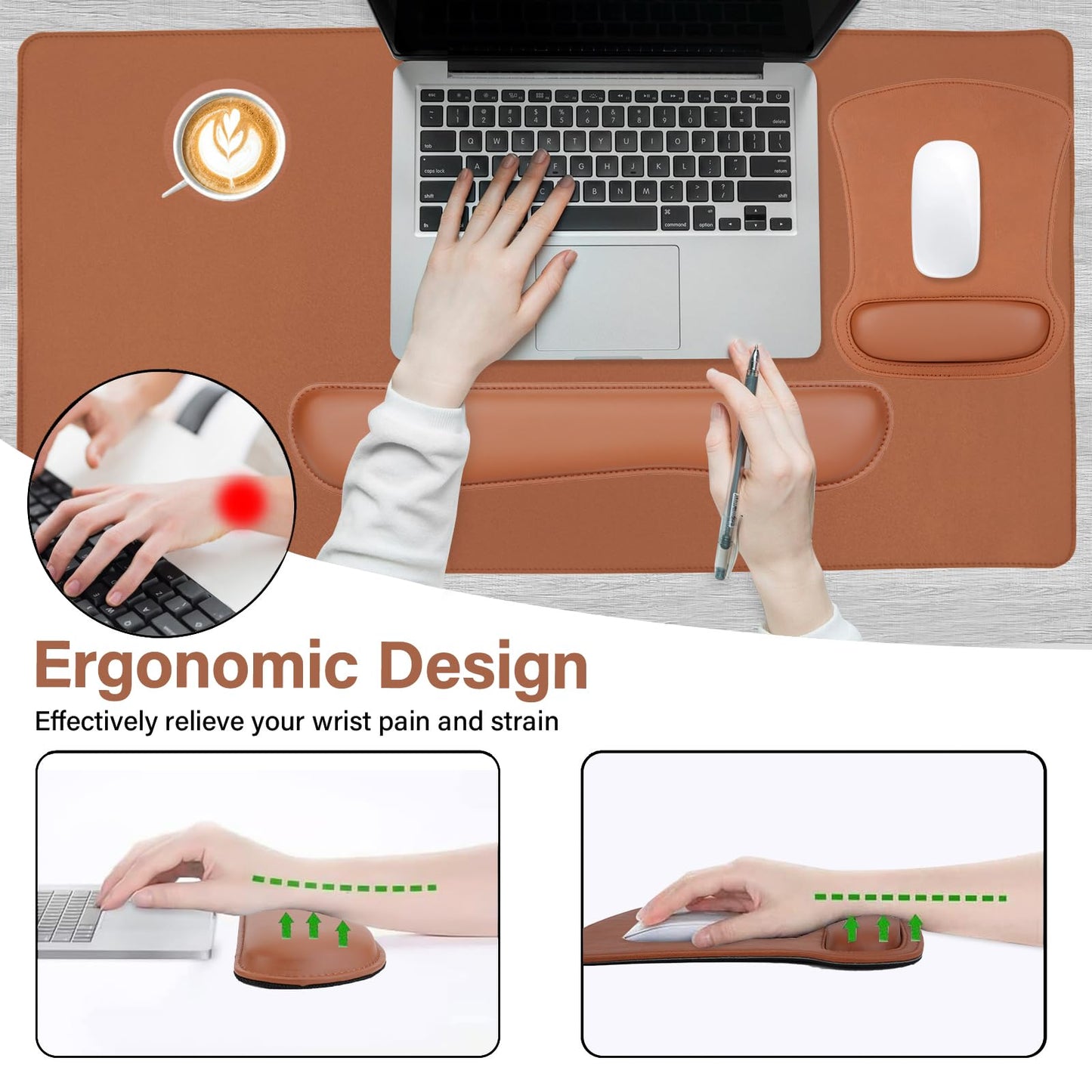 MOSISO Keyboard Mouse Pad Set, PU Leather Large Gaming Mousepad&Keyboard Wrist Rest&Mouse Wrist Rest&Coaster, Ergonomic Non-Slip Mousepad&Easy Typing Cushion with Memory Foam for Home Office, Brown