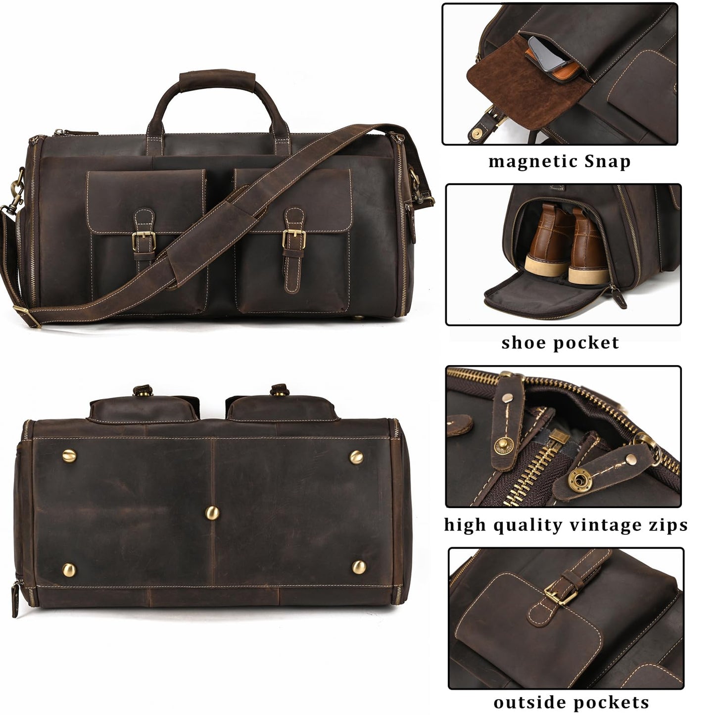 Leather Garment Bag for Men, Convertible Carry on Garment Duffel Bag for Travel Weekender Bag 2 in 1 Hanging Suitcase Suit Bag