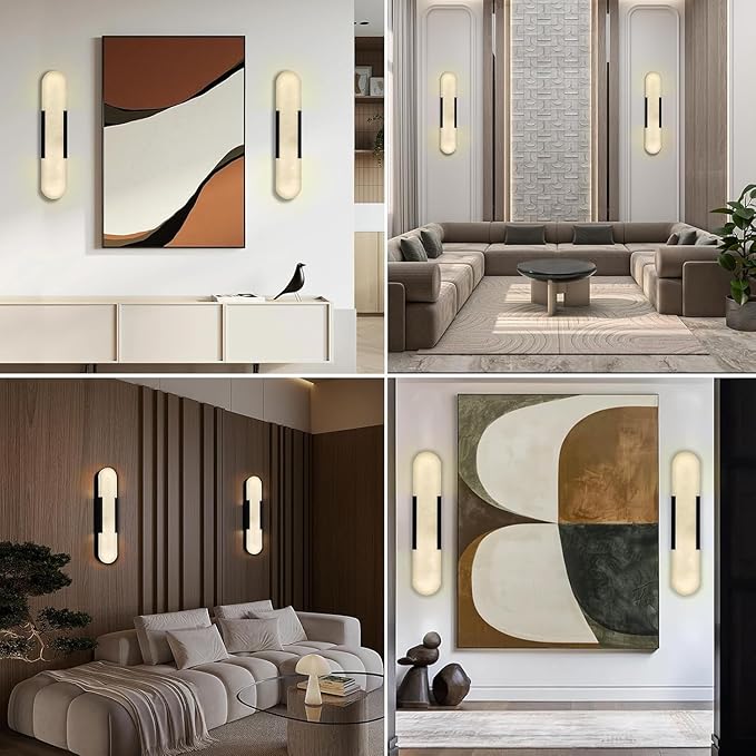 Alabaster Wall Sconces Set of 2,19.7'' Brass Wall Sconce Natural Marble Wall Sconce for Bathroom, Indoor Modern Wall Light Fixtures for Living Room Hallway Stairs Vanity Bedside, Black