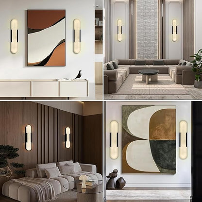 Alabaster Wall Sconces Set of 2,19.7'' Brass Wall Sconce Natural Marble Wall Sconce for Bathroom, Indoor Modern Wall Light Fixtures for Living Room Hallway Stairs Vanity Bedside, Black