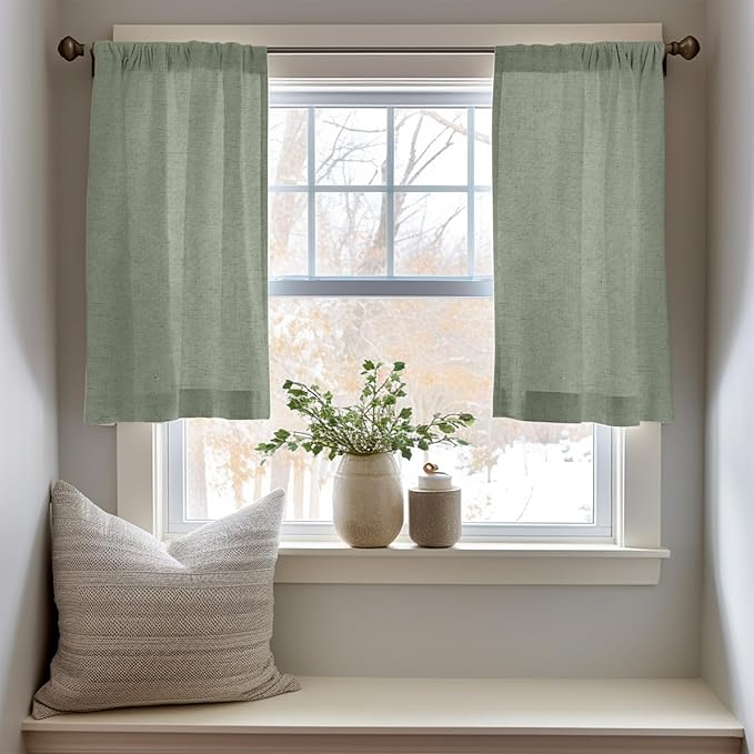 jinchan Linen Textured Tier Curtains 36 Inch for Kitchen Windows Farmhouse Cafe Curtains Small Drapes Rustic Light Filtering Half Window for Living Room Laundry Rod Pocket 2 Panels Green