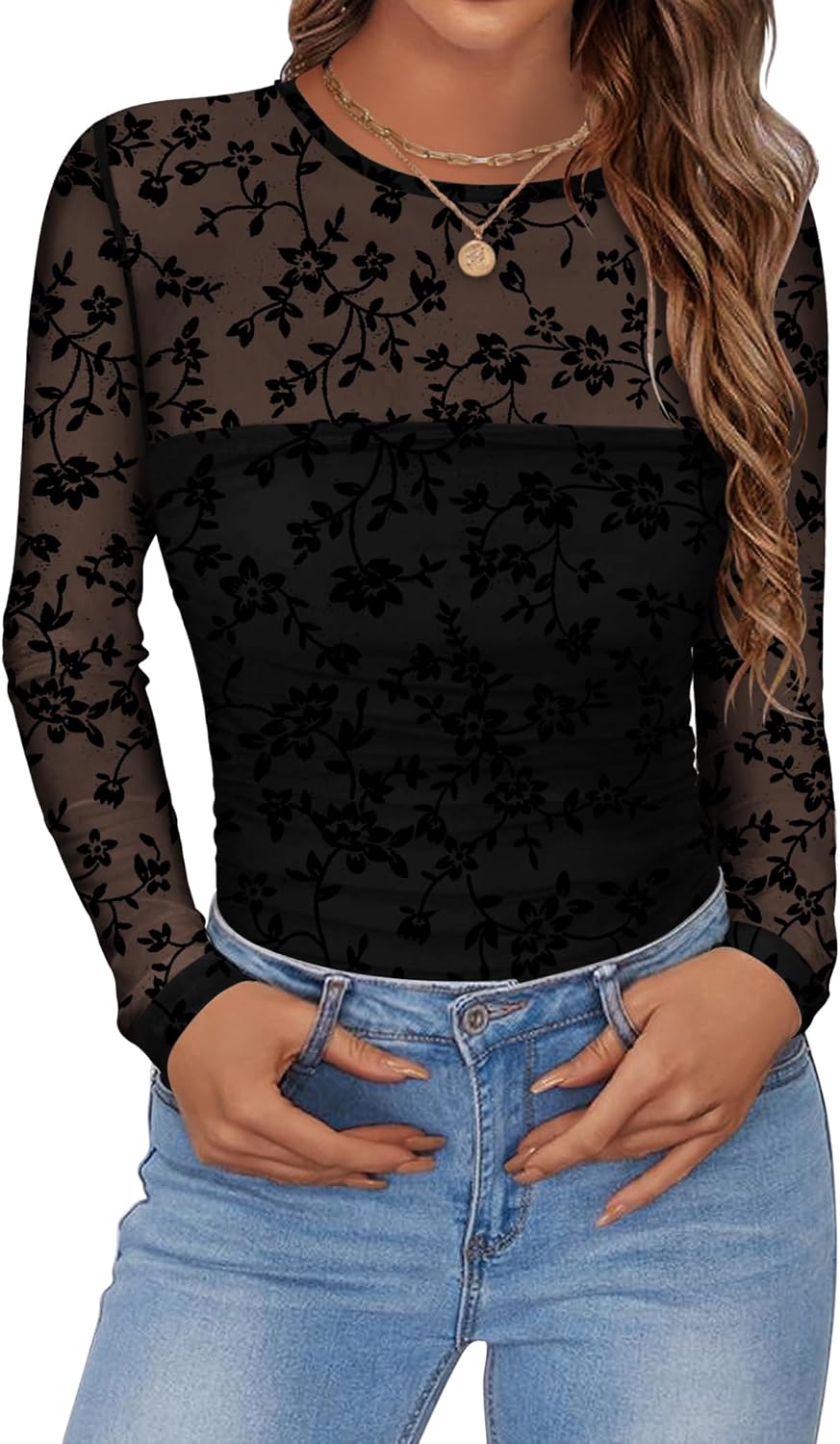 Zeagoo Long Sleeve Shirts for Women Sheer Mesh Sexy Blouses Fall Fashion Crewneck Going Out Tops