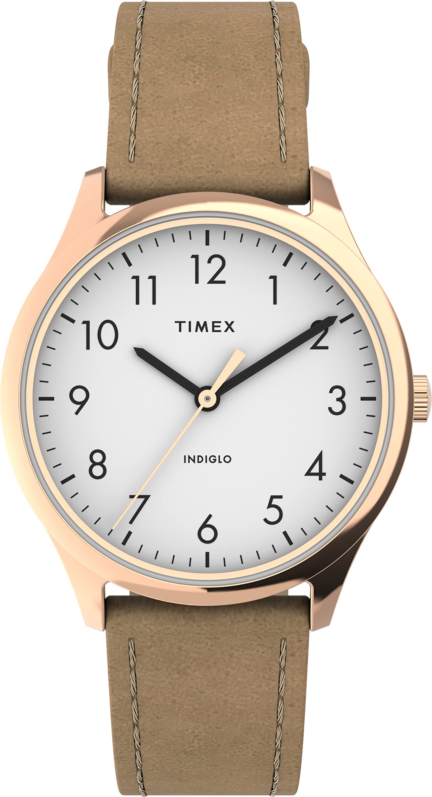 Timex Women's Modern Easy Reader 32mm Watch – Rose Gold-Tone Case White Dial with Beige Genuine Leather Strap