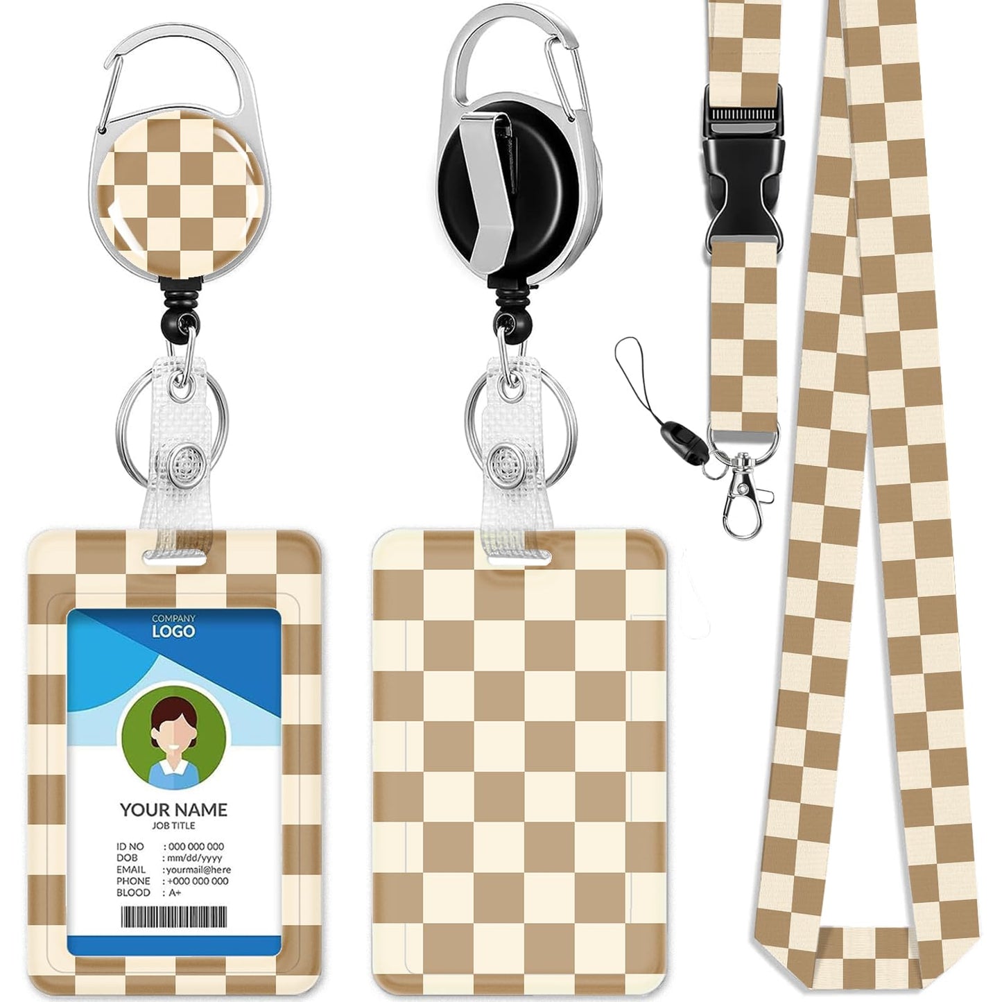 ID Badge Holder with Lanyard and Retractable Clip, Breakaway Lanyard for Name Badge Holder for Teacher Nurse Doctor School Student Office Gifts, Fashon Checkered Brown