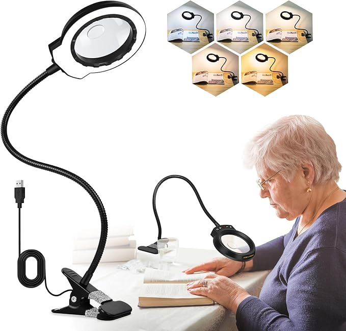 Magnifying Glass with Light and Clamp Desktop Bigger 20+10X Magnifier Desk Clip on Lamp for Close Work, Bed Book Reading,Crafting,Sewing, Soldering, USB (Black, 18.5 inch)