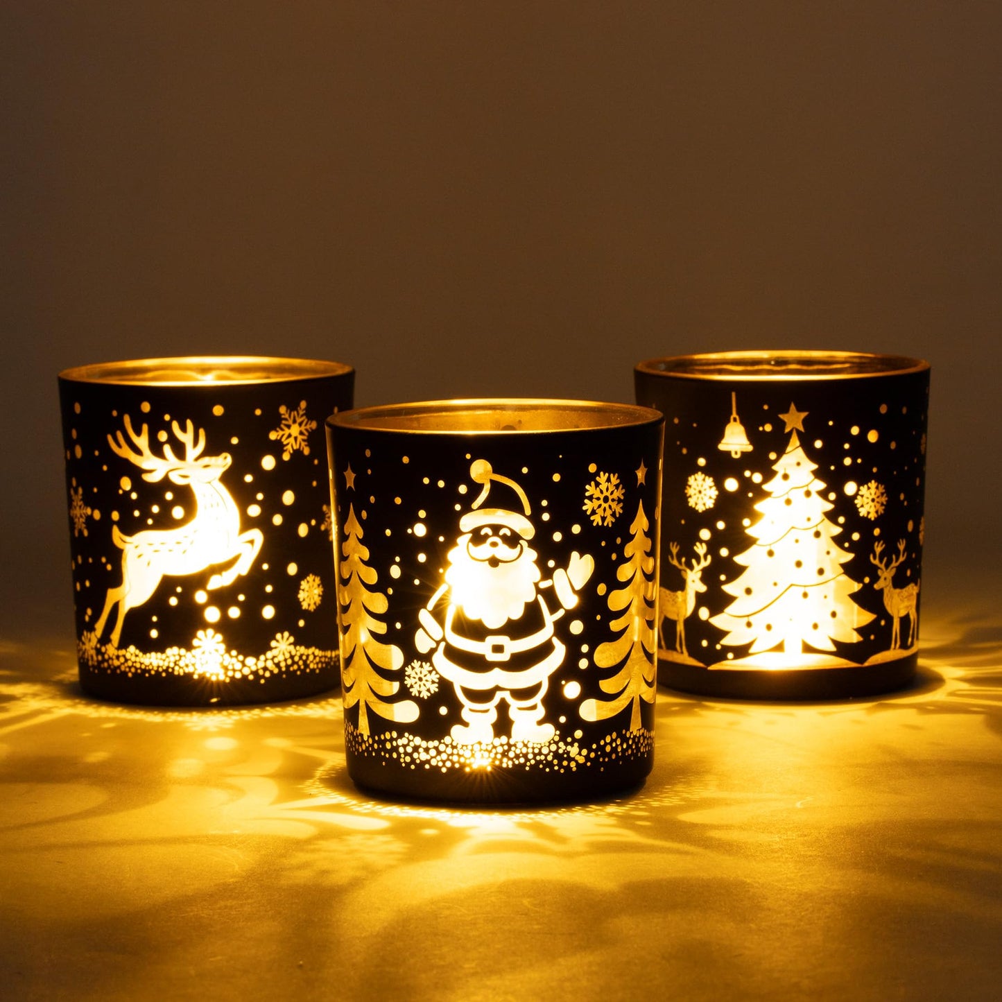 Votive Candle Holders, Black and Gold Glass Christmas Candle Holder Set of 3, Tea Light Holders with Santa Claus, Reindeer, Xmax Tree Pattern, Christmas Table Canterpieces for New Year Party Decor
