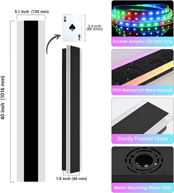 2 Pack Modern RGB Led Wall Lights Fixture, 40 inch Outdoor Long Wall Light, Dimmable Wall Mounted Light Fixtures, Exterior Long Linear Lighting for Patio, Garage, Porch, Front Door