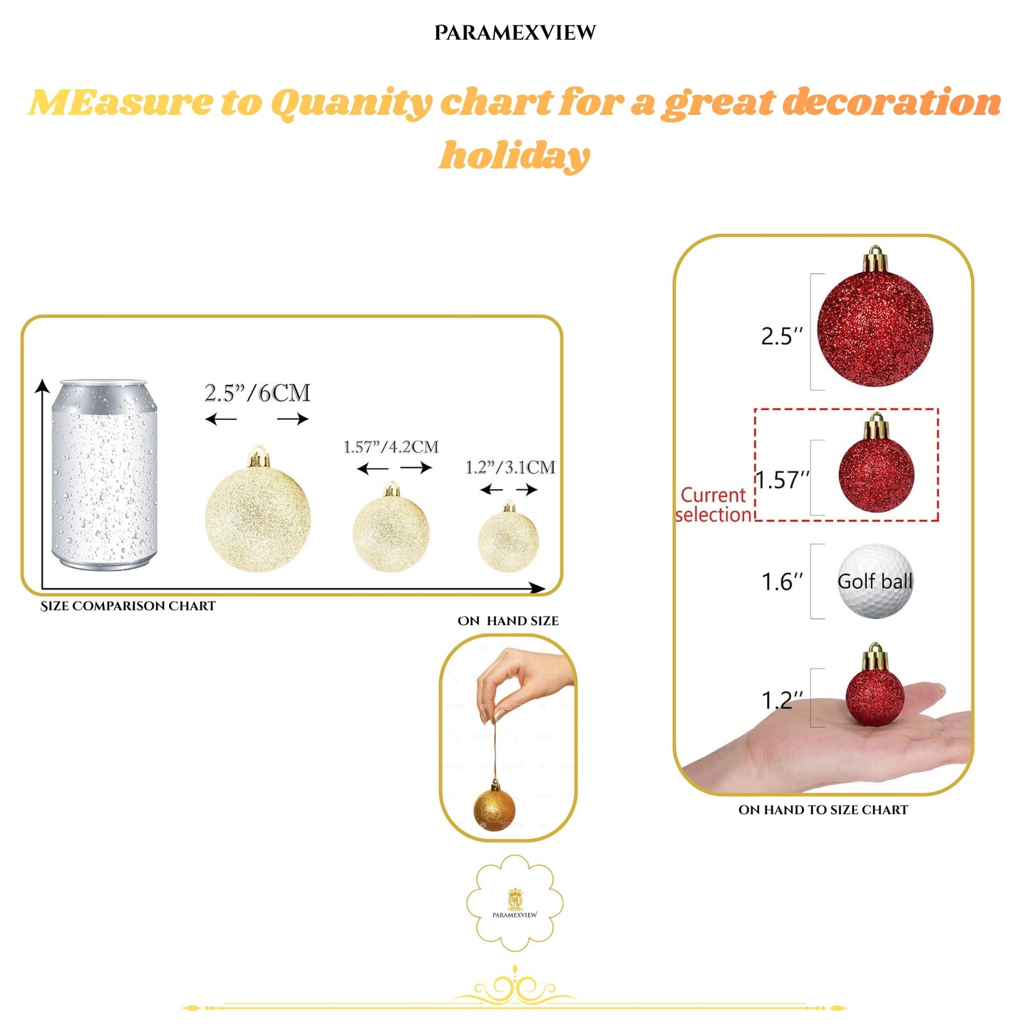 Paramexview® 24 Pcs Christmas Balls Set, 40mm/1.57" inch, Christmas Tree Hanging Shatterproof Ornaments Decoration, Pre-Hooked Hanging Balls, Seasonal Home Decoration for Trees (Gold)