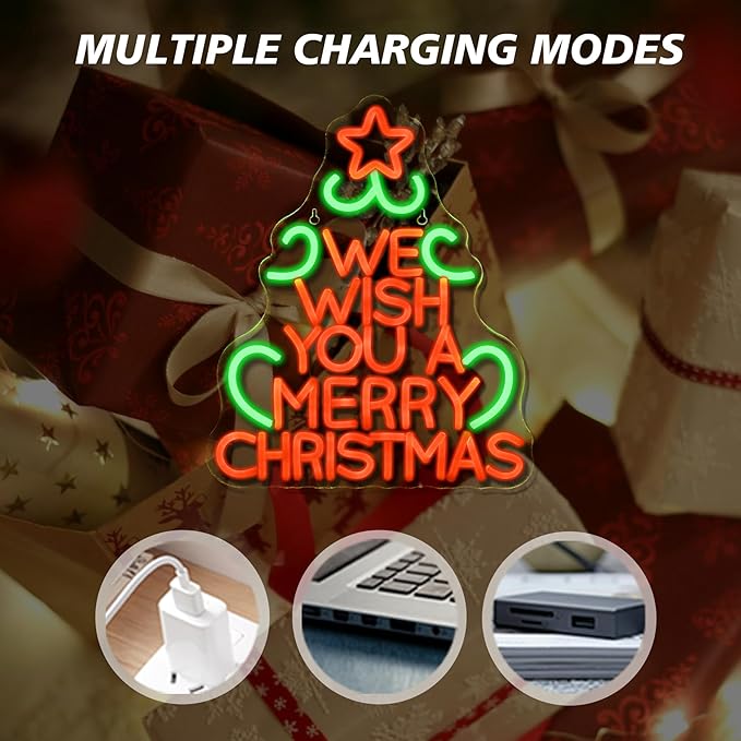 We Wish You a Merry Chritmas Neon Sign, Christmas Tree LED Neon Sign, LED Sign with Star for Christmas Decor, Holiday Wall Decoration, USB Powered, Adjustable Brightness