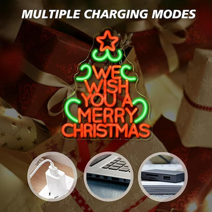 We Wish You a Merry Chritmas Neon Sign, Christmas Tree LED Neon Sign, LED Sign with Star for Christmas Decor, Holiday Wall Decoration, USB Powered, Adjustable Brightness
