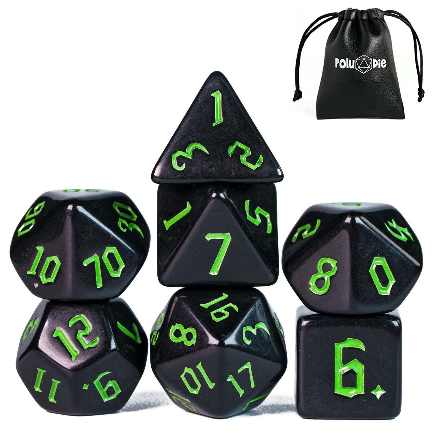 Poludie 7-Die DND Dice Set Polyhedral Dice Set with a Leather Dice Bag, D&D Dice Set for Dungeons and Dragons, RPG Table Games (Black)