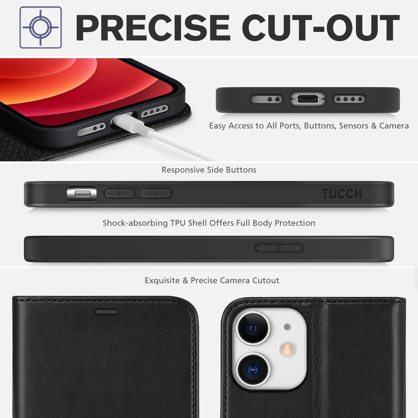 TUCCH Wallet Case for iPhone 12 Mini 5G, RFID Blocking Card Slot Stand [Shockproof TPU Interior Protect Case], PU Leather Magnetic Flip Folio Cover Compatible with iPhone 12 Mini 5.4-inch, Black