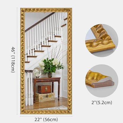 Gold Mirror for Wall Decor, 46'' X 22'' Rectangular Decorative Mirror with Textured Wavy Wood Frame, Modern Bathroom Mirror for Wall, Hang Horizontally or Vertically