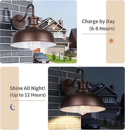 Solar Barn Light for Outside, Gooseneck Outdoor Wall Lights Solar Powered, Farmhouse Exterior Wall Sconce, Industrial Outside Lighting Fixture, Rustic Lantern for Garage, Barn, Shed, RZSR007 OW