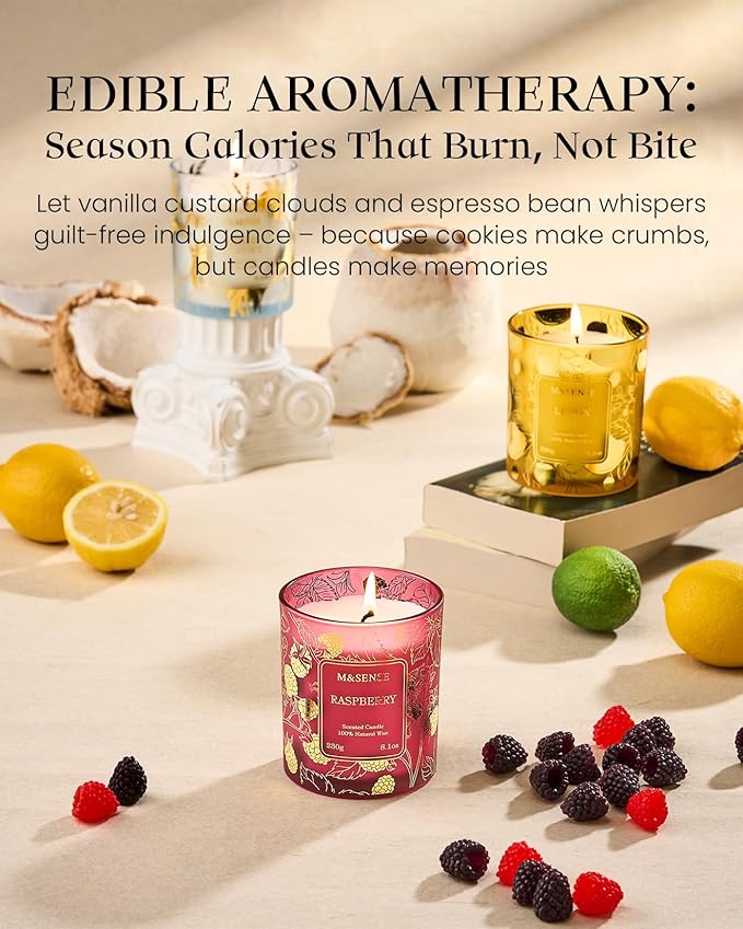 M&SENSE Raspberry Scented Soy Candles, 8.1oz 42-Hour Burn Time Vegan No Toxin, Aromatherapy Relaxing Refreshing Candles for Stress Relief, Fall Winter Thanksgiving Christmas Gifts Housewarming Gift