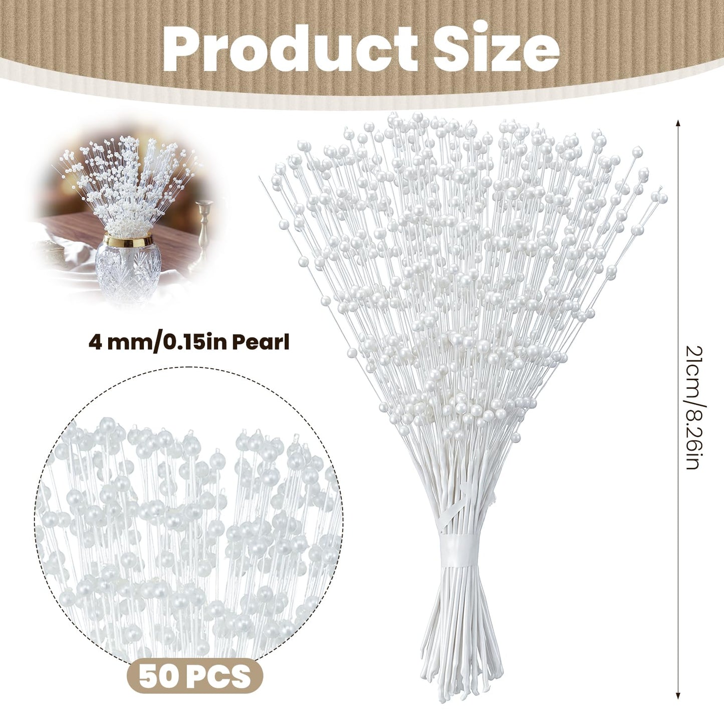 Alrhso 50 Pcs Pearl Floral Picks Pearl Bouquets 4mm Bead String Garland Floral Beaded Spray Filler Arrangements Christmas Tree Picks Wedding Decor (White)
