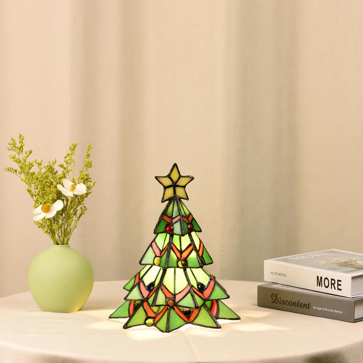 HomeBeauty A0001 Tiffany Style Stained Glass Accent Table lamp for Home Decor,Christmas Table Decorations Lighted Xmas Tree for Living Room Tabletop Party, W 7.5" x H 8.5", Bulb Included