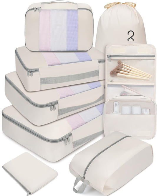 BAGAIL 8 Set Packing Cubes Various Sizes Packing Organizer for Travel Accessories Luggage Carry On Suitcase-Beige