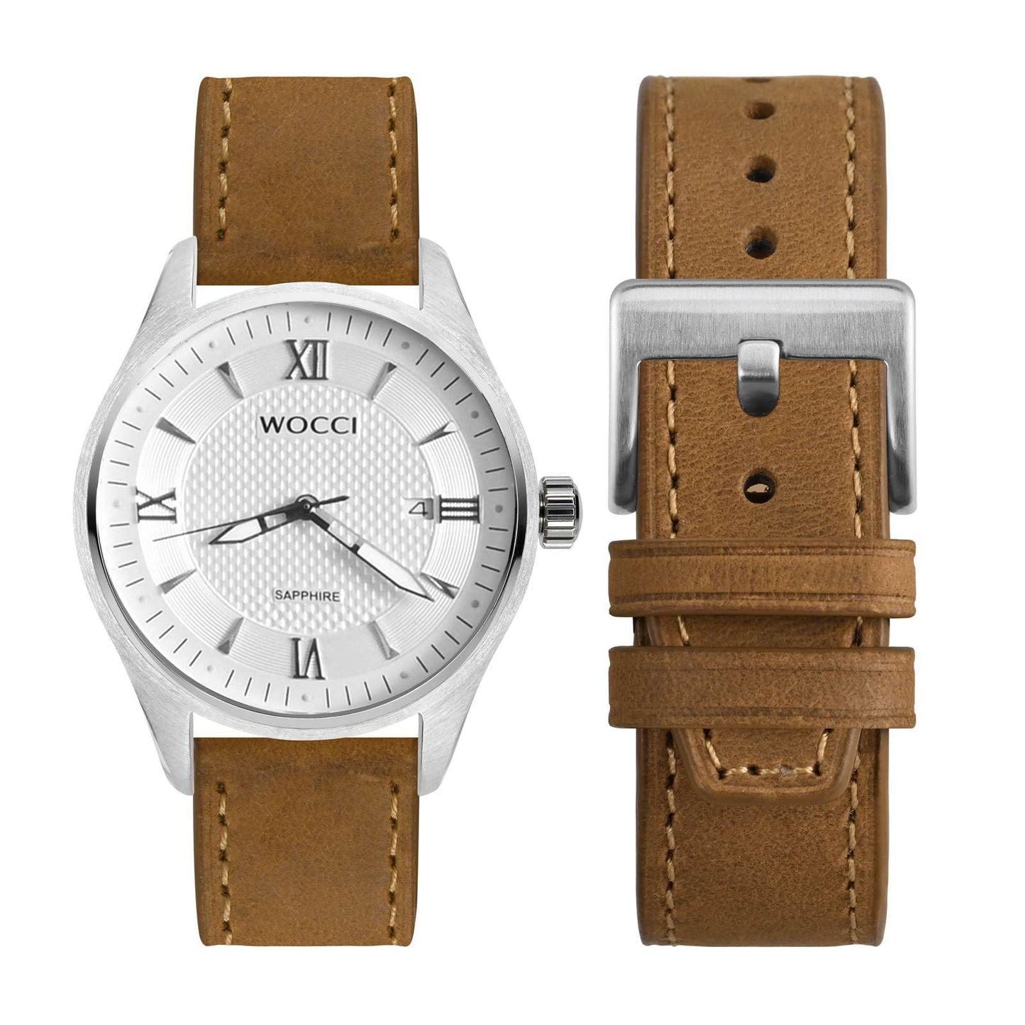 WOCCI 20mm Elite Watch Band, Top Grain Leather, Quick Release, Silver Buckle (Sand)