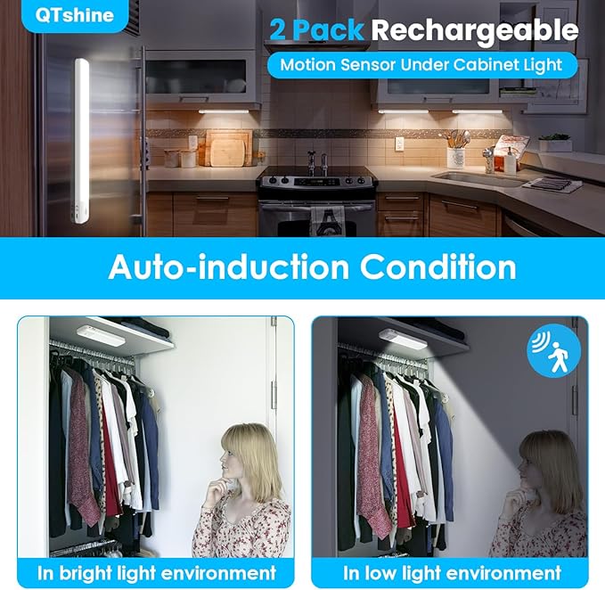 80LEDs Under Cabinet Light 2 Pack,Motion Sensor Led Light Indoor,USB C Rechargeable Closet Under Counter Lighting,12.6inch Battery Powered Operated Night Light for Kitchen,Wardrobe,Cupboard