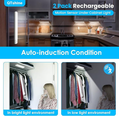 80LEDs Under Cabinet Light 2 Pack,Motion Sensor Led Light Indoor,USB C Rechargeable Closet Under Counter Lighting,12.6inch Battery Powered Operated Night Light for Kitchen,Wardrobe,Cupboard