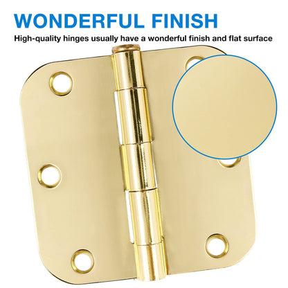 18 Pack Interior Door Hinges Polished Brass 3.5 inch X 3-1/2" 5/8 Radius,3 ½"Gold Round Standard Hinge for Single Doors DIY Assembly Bi-fold Table Hardware Kit House Accessories Home Eseentials